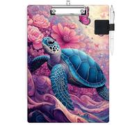 RWUTYTIUL Clipboard with Pen Loop Holder Set, Standard A4 Letter Size Low Profile Clip & Self-Adhesive Pen Holder for Notebooks Nurses Office Doctors Business Classrooms Women Men, Pink Flower Turtle