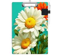 RWUTYTIUL Clipboard with Pen Loop Holder Set, Standard A4 Letter Size Low Profile Clip & Self-Adhesive Pen Holder for Notebooks Nurses Office Doctors Business Classrooms Women Men, White Daisy