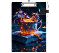 RWUTYTIUL Clipboard with Pen Loop Holder Set, Standard A4 Letter Size Low Profile Clip & Self-Adhesive Pen Holder for Notebooks Nurses Office Doctors Business Women Men, Purple Butterfly Cup