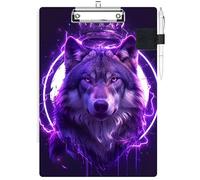 RWUTYTIUL Clipboard with Pen Loop Holder Set, Standard A4 Letter Size Low Profile Clip & Self-Adhesive Pen Holder for Notebooks Nurses Office Doctors Business Classrooms Women Men, Cool Wolf Purple
