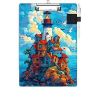 RWUTYTIUL Clipboard with Pen Loop Holder Set, Standard A4 Letter Size Low Profile Clip & Self-Adhesive Pen Holder for Notebooks Nurses Office Doctors Business Classrooms Women Men, Blue Sky Castle