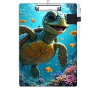 RWUTYTIUL Clipboard with Pen Loop Holder Set, Standard A4 Letter Size Low Profile Clip & Self-Adhesive Pen Holder for Notebooks Nurses Office Doctors Business Classrooms Women Men, Baby Sea Turtle