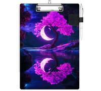 RWUTYTIUL Clipboard with Pen Loop Holder Set, Standard A4 Letter Size Low Profile Clip & Self-Adhesive Pen Holder for Notebooks Nurses Office Doctors Business Classrooms Women Men, Purple Moon Tree
