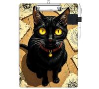 RWUTYTIUL Clipboard with Pen Loop Holder Set, Standard A4 Letter Size Low Profile Clip & Self-Adhesive Pen Holder for Notebooks Nurses Office Doctors Business Classrooms Women Men, Yellow Eyed Cat