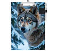 RWUTYTIUL Clipboard with Pen Loop Holder Set, Standard A4 Letter Size Low Profile Clip & Self-Adhesive Pen Holder for Notebooks Nurses Office Doctors Business Classrooms Women Men, Snow Forest Wolf