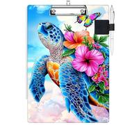 RWUTYTIUL Clipboard with Pen Loop Holder Set, Standard A4 Letter Size Low Profile Clip & Self-Adhesive Pen Holder for Notebooks Nurses Office Doctors Business Classrooms Women Men, Turtle Pink Flower