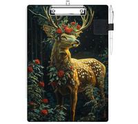 RWUTYTIUL Clipboard with Pen Loop Holder Set, Standard A4 Letter Size Low Profile Clip & Self-Adhesive Pen Holder for Notebooks Nurses Office Doctors Business Classrooms Women Men, Rose Forest Deer