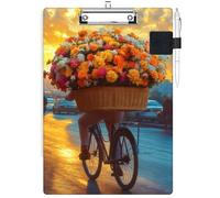 RWUTYTIUL Clipboard with Pen Loop Holder Set, Standard A4 Letter Size Low Profile Clip & Self-Adhesive Pen Holder for Notebooks Nurses Office Doctors Business Classrooms Women Men, Flower Bike