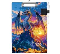 RWUTYTIUL Clipboard with Pen Loop Holder Set, Standard A4 Letter Size Low Profile Clip & Self-Adhesive Pen Holder for Notebooks Nurses Office Doctors Business Women Men, Mountain Sunset Dragon