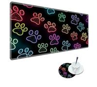 RWUTYTIUL Computer Desk Mat 31.5" x 11.8", Waterproof Surface Blotter with Stitched Edges Non-Slip Large Mouse Keyboard Pad for Office Work Laptop Desk Protector w/Coaster, Rainbow Dog Paw Prints