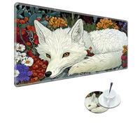 RWUTYTIUL Computer Desk Mat 31.5" x 15.8", Waterproof Surface Blotter with Stitched Edges Non-Slip Large Mouse Keyboard Pad for Office Home Work Laptop Desk Protector w/Coaster, White for Fox Flower
