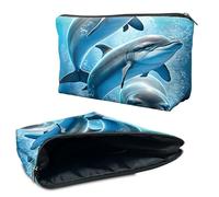 RWUTYTIUL Cosmetic Bag for Purse, Makeup Bags for Women, Waterproof Roomy Toiletry bag Travel Accessories Little Bag for Essentials Zipper Pouch, Pencil Organizer Bag, Beach Dog Paw Print, Dolphins