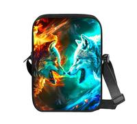 RWUTYTIUL Crossbody Bag for Men Women, Makeup Toiletries Bag Padded Strap Small Hiking Shoulder Backpack for Travel Sports, Two Flaming Wolves, Double Pocket Crossbody Bag