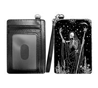 RWUTYTIUL Dragon Slim Minimalist Wallet with Lanyard Strap, PU Leather Front Pocket Wallet RFID Blocking Credit Card Holder Card Cases with ID Window for Man Woman Boy Girl, Black Skull Axe