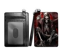 RWUTYTIUL Dragon Slim Minimalist Wallet with Lanyard Strap, PU Leather Front Pocket Wallet RFID Blocking Credit Card Holder Card Cases with ID Window for Man Woman Boy Girl, Flaming Skull, Minimalist