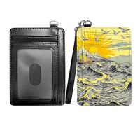 RWUTYTIUL Flame Minimalist Wallet with Lanyard Strap, PU Leather Front Pocket Wallet RFID Blocking Credit Card Holder Card Cases with ID Window for Man Woman Boy Girl, Sunset Waves