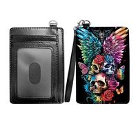 RWUTYTIUL Flame Minimalist Wallet with Lanyard Strap, PU Leather Front Pocket Wallet RFID Blocking Credit Card Holder Card Cases with ID Window for Man Woman Boy Girl, Winged Skull, Minimalist