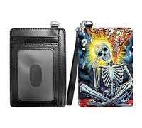RWUTYTIUL Flame Minimalist Wallet with Lanyard Strap, PU Leather Front Pocket Wallet RFID Blocking Credit Card Holder Card Cases with ID Window for Man Woman Boy Girl, Skull Question Mark, Minimalist