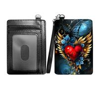 RWUTYTIUL Flame Minimalist Wallet with Lanyard Strap, PU Leather Front Pocket Wallet RFID Blocking Credit Card Holder Card Cases with ID Window for Man Woman Boy Girl, Winged Heart, Minimalist