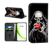 RWUTYTIUL Flip Wallet Case for Samsung Galaxy A07 with Credit Card Holder, Shockproof Magnetic Cover with Convenient Card Slots Kickstand Phone Case[RFID Blocking], Red Love Skull
