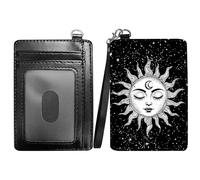 RWUTYTIUL Flower Slim Minimalist Wallet with Lanyard Strap, PU Leather Front Pocket Wallet RFID Blocking Credit Card Holder Card Cases with ID Window for Man Woman Boy Girl, White Moon Sun