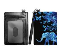RWUTYTIUL Flower Slim Minimalist Wallet with Lanyard Strap, PU Leather Front Pocket Wallet RFID Blocking Credit Card Holder Card Cases with ID Window for Man Woman Boy Girl, Blue Elephant, Minimalist