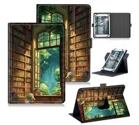 RWUTYTIUL for 10.1" Android 15/Android 16 10 Inch 2025 Universal Case, 360 Degree Rotating Kickstand Protective Stand Case with Multiple Viewing PU Leather Shell Case for 9"-10.5", Library Window