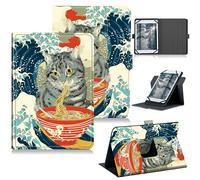 RWUTYTIUL for 10.1" Android 15/Android 16 10 Inch 2025 Universal Case, 360 Degree Rotating Kickstand Protective Stand Case with Multiple Viewing PU Leather Shell Case for 9"-10.5", Wave Noodles Cat