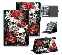 RWUTYTIUL for 10.1" Android 15/Android 16 10 Inch 2025 Universal Case, 360 Degree Rotating Kickstand Protective Stand Case with Multiple Viewing PU Leather Shell Case for 9"-10.5", Red Lily Skull