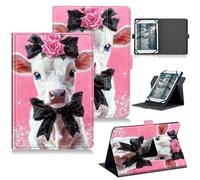 RWUTYTIUL for 10.1" Android 15/Android 16 10 Inch 2025 Universal Case, 360 Degree Rotating Kickstand Protective Stand Case with Multiple Viewing Leather Shell Case for 9"-10.5", Pink Flower White Cow
