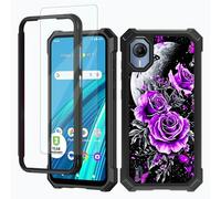 RWUTYTIUL for Cricket Debut S2/At&t Calypso 4 Phone Case w/1 * Screen Protector, Shockproof Heavy Duty Dual Layer Protective Hard PC Soft Silicone Cover for Women Man, Purple Rose Moon
