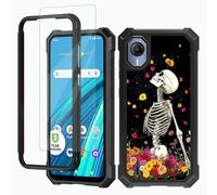 RWUTYTIUL for Cricket Debut S2/At&t Calypso 4 Phone Case w/1 * Screen Protector, Shockproof Heavy Duty Dual Layer Protective Hard PC Soft Silicone Cover for Women Man, Flower Petal Skull