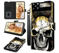 RWUTYTIUL for Cricket Icon 4 Wallet Case with Credit Card Holder [Wrist Strap], Shockproof Flip Cover with Convenient Card Slots Kickstand Case for Cricket Icon 4 (4th Version), American Flag Skull