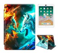 RWUTYTIUL for iPad 6th Generation 2018/5th Generation 2017/Air 2/Pro 9.7 Cover iPad 9.7 Inch Tablet Case, 360 Degree Rotating Shockproof Protective Stand Case for Women Man, Two Flaming Wolves