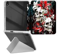 RWUTYTIUL for iPad A16 11th Gen 11 Inch 2025/iPad 10th Generation 10.9" 2022 Transparent Case, Leather Shell Shockproof Protective Fun Kickstand Clear Tablet Cover for Women Men, Red Lily Skull