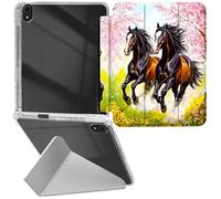 RWUTYTIUL for iPad Air 11" M3 2025/M2 2024/iPad Air 5th/4th Gen 10.9 Inch Transparent Case, Leather Shell Shockproof Protective Fun Kickstand Clear Tablet Cover for Women Men, Sakura Black Horse