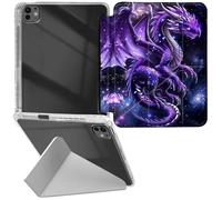 RWUTYTIUL for iPad Air 13" M3/M2 2025/2024/iPad Pro 12.9" 6th/5th/4th/3rd Gen Transparent Case, Leather Shell Shockproof Protective Fun Kickstand Clear Tablet Cover Accessories, Purple Cool Dragon