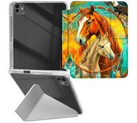 RWUTYTIUL for iPad Pro 13 Inch 2024 M4 7th Generation Transparent Case, Leather Shell Shockproof Protective Fun Kickstand Clear Tablet Cover Accessories for Women Men, Two Horses Paving Dream Net