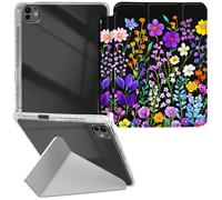 RWUTYTIUL for iPad Pro 13 Inch 2024 M4 7th Generation Transparent Case, Leather Shell Shockproof Protective Fun Kickstand Clear Tablet Cover Accessories for Women Men, Purple Wildflower