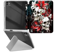 RWUTYTIUL for iPad Pro 13 Inch 2024 M4 7th Generation Transparent Case, Leather Shell Shockproof Protective Fun Kickstand Clear Tablet Cover Accessories for Women Men, Red Lily Skull