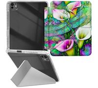 RWUTYTIUL for iPad Pro 13 Inch 2024 M4 7th Generation Transparent Case, Leather Shell Shockproof Protective Fun Kickstand Clear Tablet Cover Accessories for Women Men, Dragonfly Lily