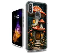 RWUTYTIUL for Motorola Moto E6 2019 Clear Case, Dual Layer Shockproof Protective Transparent PC Soft Silicone Anti-Yellowing Slim Fit Aesthetic Cover for Women Men, Orange Mushroom Castle
