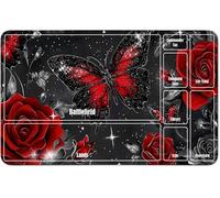 RWUTYTIUL for MTG Card Playmat 24 X 14 Inch with A Zone, Stitched Play Mat for Commander Board TCG RPG CCG Game Desktop Tablet Mouse Pad for Playing Accessories, Red Butterfly Rose