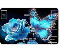 RWUTYTIUL for MTG Card Playmat 24 X 14 Inch with B Zone, Stitched Play Mat for Commander Board TCG RPG CCG Game Desktop Tablet Mouse Pad for Playing Accessories, Blue Rose Butterfly