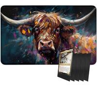 RWUTYTIUL for MTG Card Playmat and 100 Count Card Sleeves Set, TCG Playmat Desk Mats 24 X 14 Inch, Stitched Playmat for Commander Board RPG CCG Game Magic The Gathering, Play Mat, Watercolor Bull