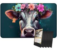 RWUTYTIUL for MTG Card Playmat and 100 Count Card Sleeves Set, TCG Playmat Desk Mats 24 X 14 Inch, Stitched Playmat for Commander Board RPG CCG Game Magic The Gathering, Play Mat, Flower Cow