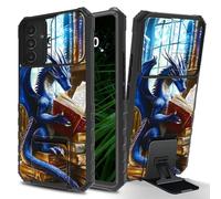 RWUTYTIUL for Samsung Galaxy A14 5G Phone Case with Sliding Camera Cover, Slim Kickstand Dual Layer Hard PC & Silicone Shockproof Protection Case for Women Man, Blue Book Dragon