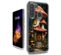 RWUTYTIUL for Samsung Galaxy A21 Clear Case, Dual Layer Shockproof Protective Transparent PC Soft Silicone Anti-Yellowing Slim Fit Aesthetic Cover for Women Men, Orange Mushroom Castle