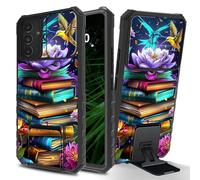 RWUTYTIUL for Samsung Galaxy A25 5G Phone Case with Sliding Camera Cover, Slim Kickstand Dual Layer Hard PC & Silicone Shockproof Protection Case for Women Man, Book Peony