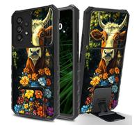 RWUTYTIUL for Samsung Galaxy A53 5G Phone Case with Sliding Camera Cover, Slim Kickstand Dual Layer Hard PC & Silicone Shockproof Protection Case for Women Man, Flower Book Cow